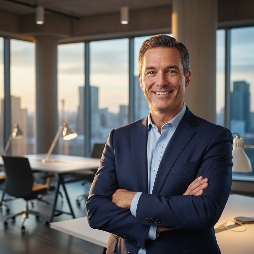A smiling man in a navy blue suit stands with his arms crossed in a modern office with floor-to-ceiling windows.